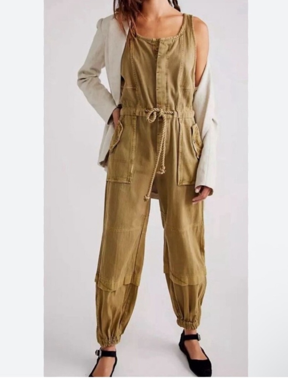 FREE PEOPLE Sutton Utility Coverall TAUPE Twill-Herringbone Pattern XS